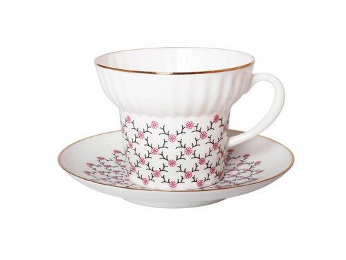 Чашка с блюдцем чайная Императорский Фарфоровый Завод Чашка с блюдцем чайная 155 мл форма Волна рисунок Розовая сетка арт. 81.14621.00.1