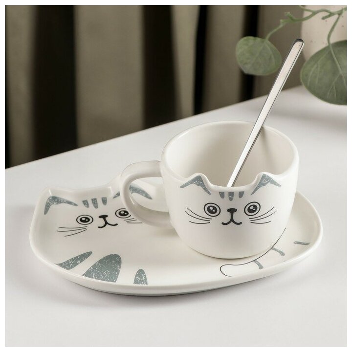 Чайная пара «Котик», 3 предмета, керамика