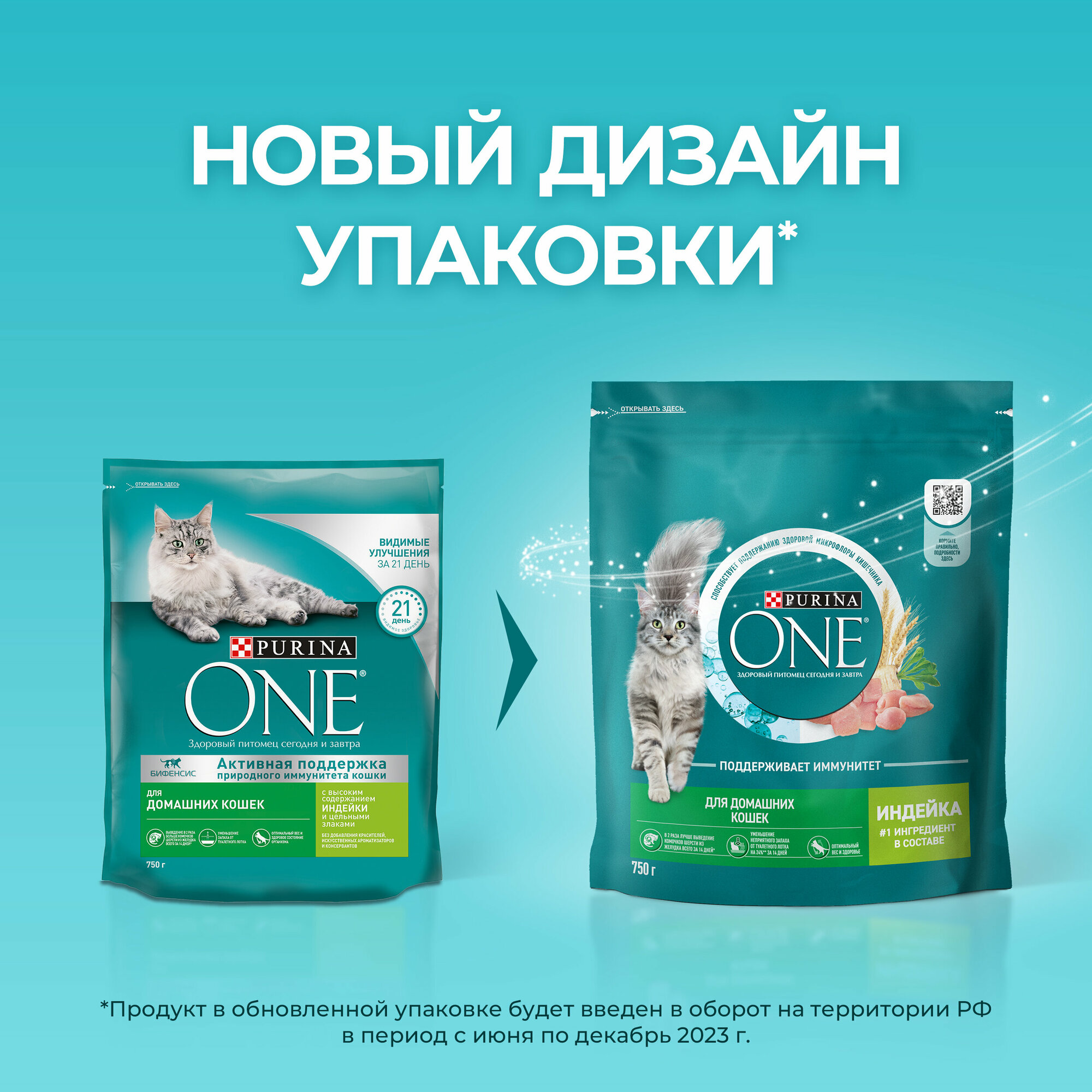 Сухой корм PURINA ONE® для взрослых домашних кошек с индейкой, 750 г — фото 1