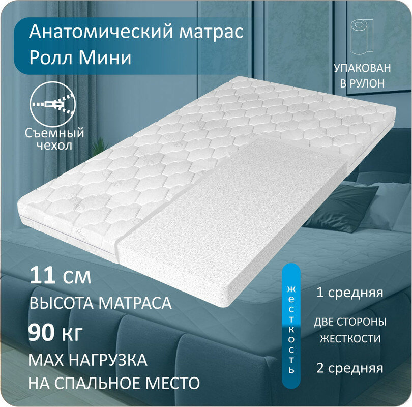 Анатомический матрас Anriz, беспружинный Ролл Мини , съемный чехол, 90x200