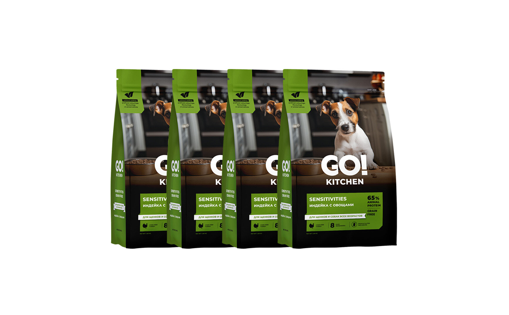 GO! KITCHEN Полнорационный беззерновой сухой корм для щенков и собак всех возрастов с индейкой для чувствительного пищеварения , 1,59 кг х 4 шт.