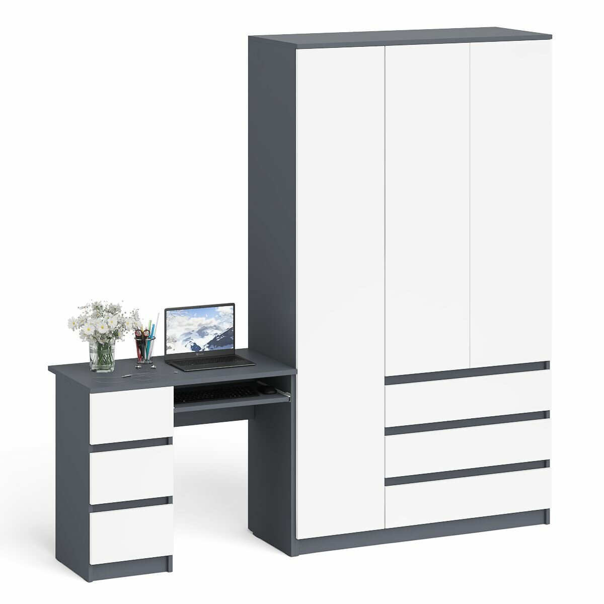 Компьютерный стол СВК Мори МС-6 левый и шкаф-комод с дверкой и тремя ящиками цвет графит/белый, 210,4х50,4х209,6 см.