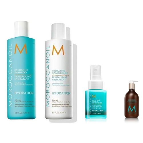 Лосьон Moroccanoil Hydrating Набор Spring Kit Hydration, Набор: шампунь, кондиционер, несмываемый кондиционер, лосьон для тела, Набор cadiveu hair remedy набор 3 products шампунь 980 мл кондиционер 980 мл сыворотка sos serum 150 мл