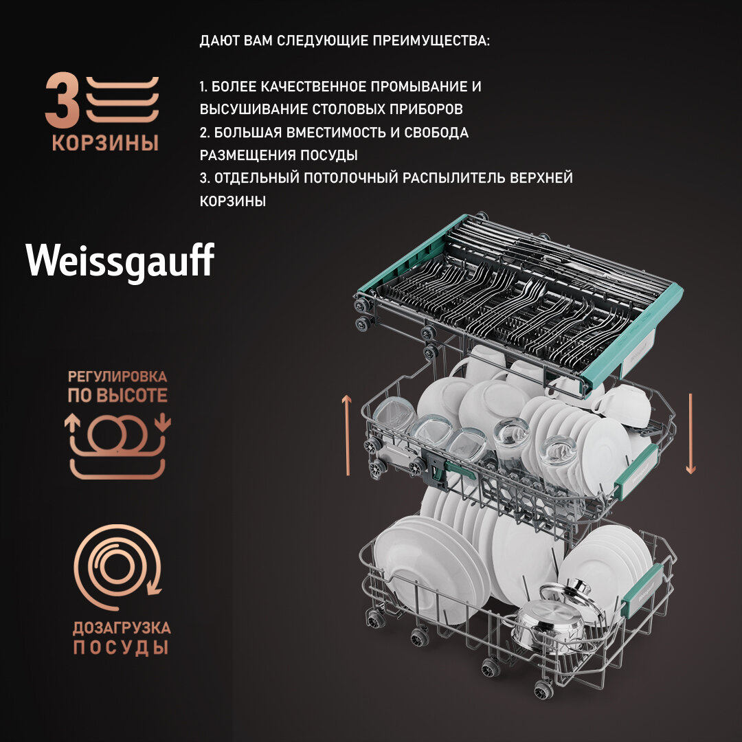 Умная встраиваемая посудомоечная машина с Wi-Fi и лучом на полу Weissgauff BDW 4140 D Wi-Fi (модификация 2024 года),3 года гарантии,3 корзины, 10 комплектов, 7 программ, автопрограмма, полная защита от протечек