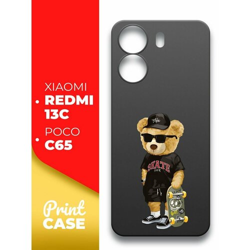 Чехол на Xiaomi Redmi 13C, POCO C65 (Ксиоми Редми 13С, Поко С65) черный матовый силиконовый с защитой вокруг камер, Miuko (принт) Мишка Скейт чехол на xiaomi redmi 13c poco c65 ксиоми редми 13с поко с65 черный матовый силиконовый с защитой вокруг камер miuko принт желтые розы