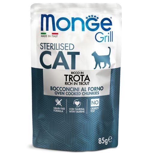 Корм для стерилизованных кошек Monge Grill, беззерновой, с форелью 85 г (кусочки в желе)