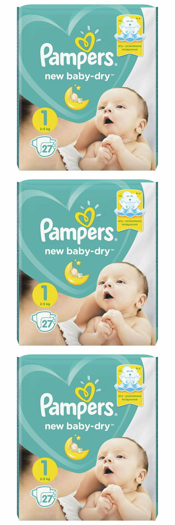 Pampers Подгузники детские New Baby-Dry для новорожденных, 2-5 кг, 1 размер, 27 шт, 3 упаковки