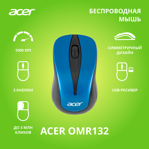 Мышь Acer OMR132 синийчерный оптическая 1000dpi беспроводная USB для ноутбука 2but 59000₽