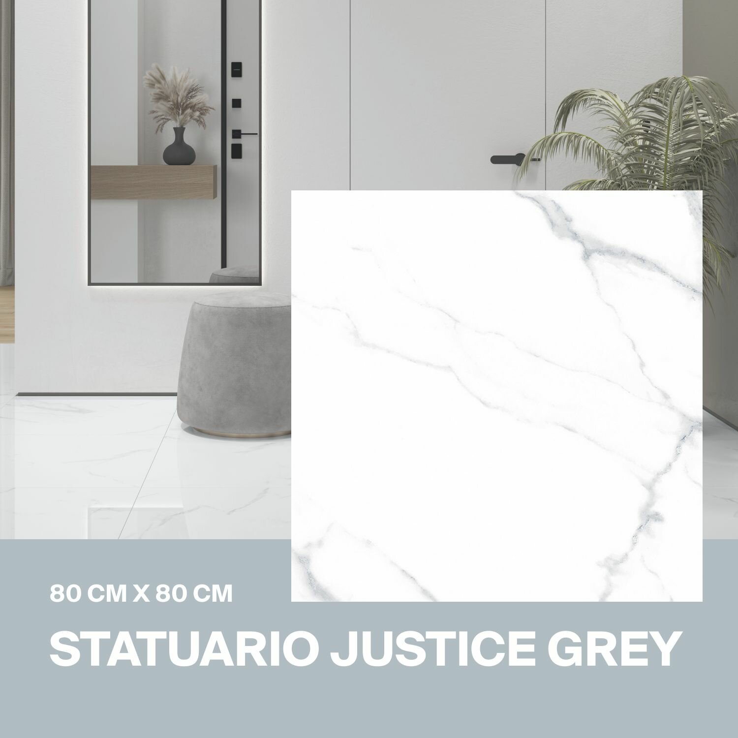 фото Керамогранит Ceradim Statuario Justice Grey белый 80х80 Полированный, уп. 1.92 м2. (3 плитки)