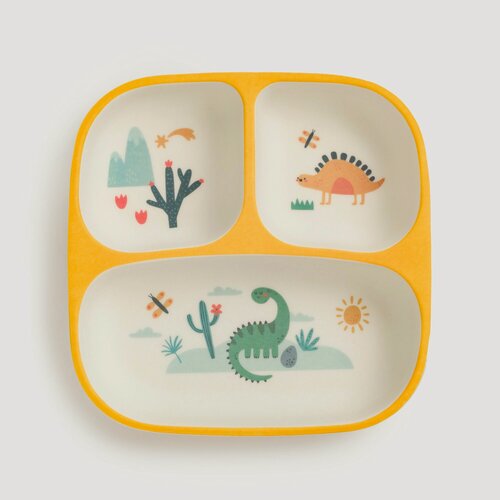Изображение товара Тарелка обеденная, детская, Kuchenland, 18 см, квадратная, желтая, Динозавры, Dino