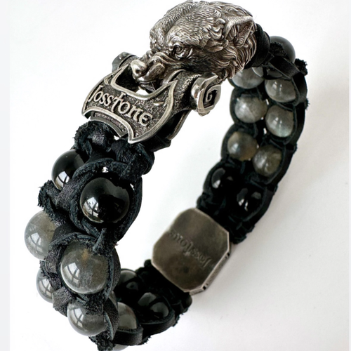 Плетеный браслет Josstone, лабрадор, лабрадорит, кожа, агат, 1 шт., размер 19 см, серебристый, черный, серый, голубой