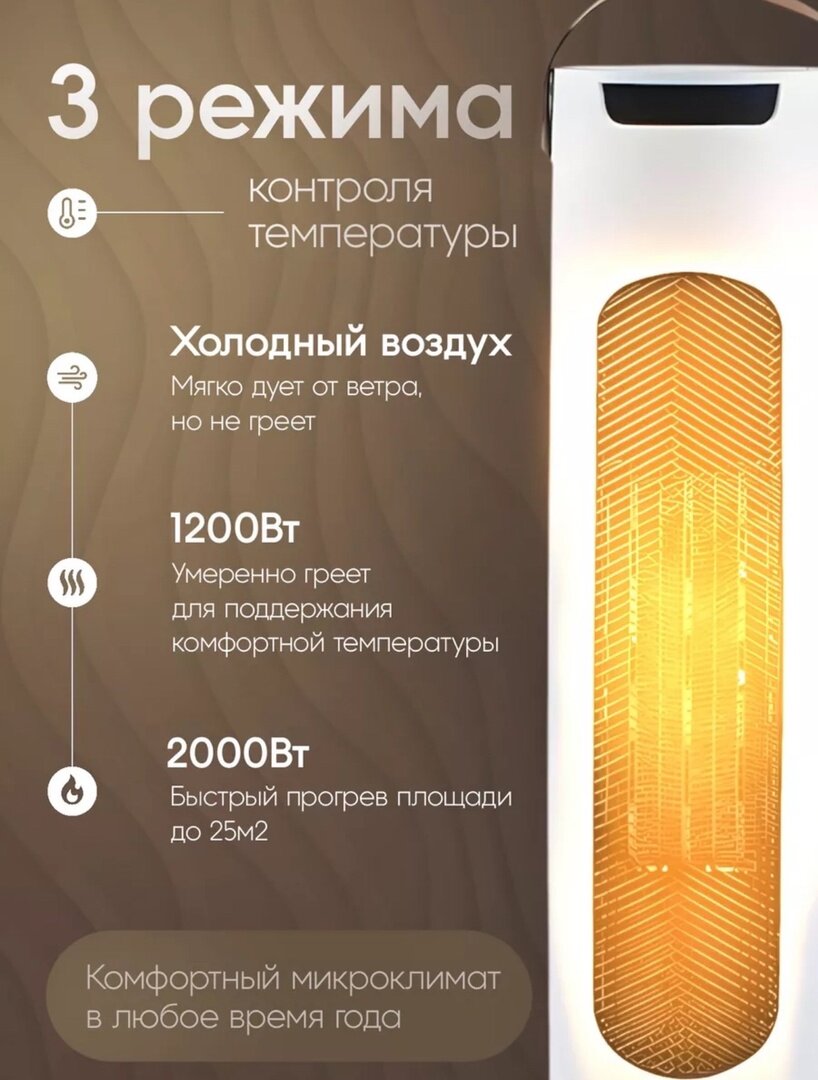 Напольный обогреватель-вентилятор 2в1, 2000 Вт, 55см высота, белый — фото 1