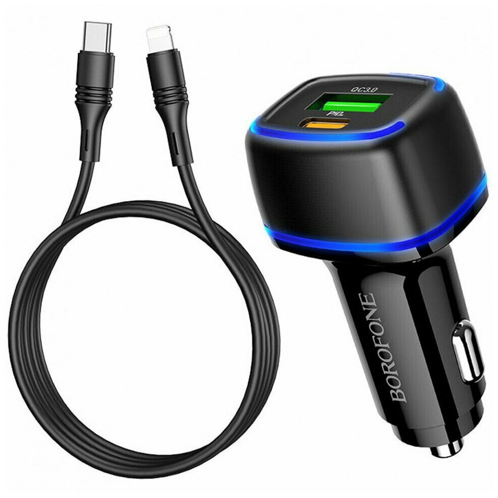 Зарядное устройство BOROFONE BZ14A Mercury, автомобильное USB+USB-C + Кабель Type-C-Lightning, 3A, PD20W, черный