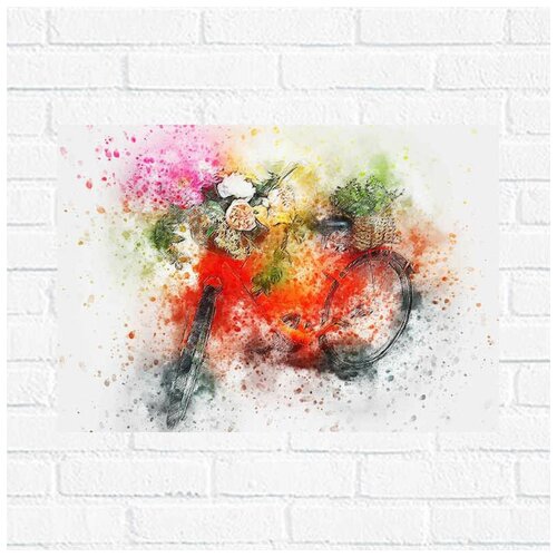 фото Постер велосипед цветы искусство, 40x53 см, бумага вау холст