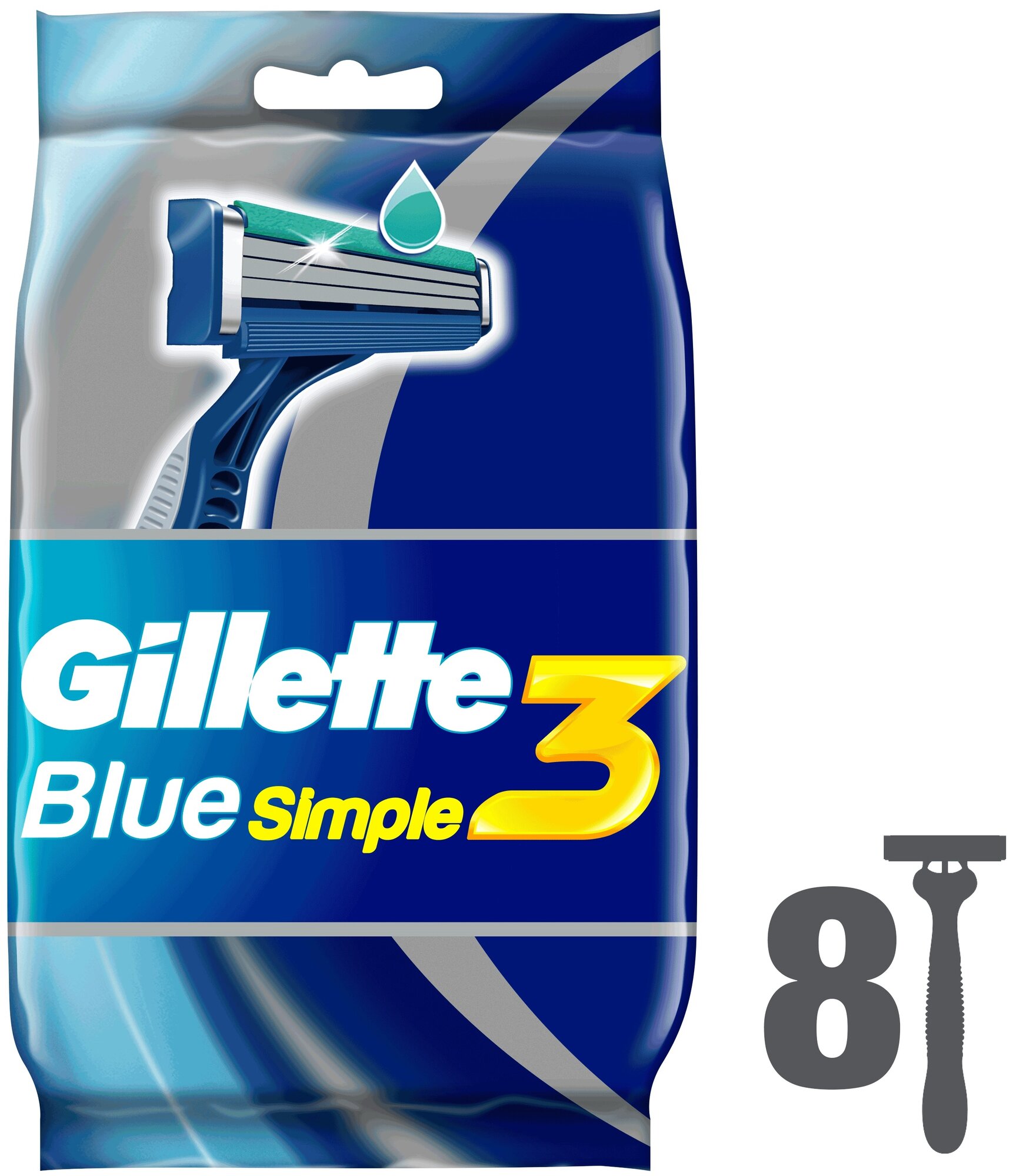 Gillette Одноразовые Мужские Бритвы Blue3 Simple, с 3 лезвиями, 8, фиксированная головка