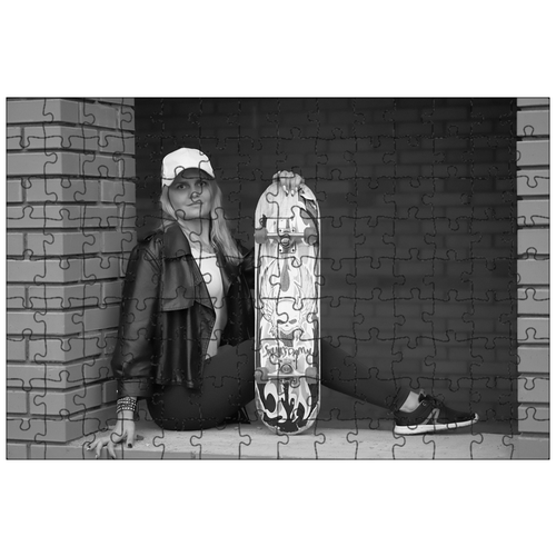 фото Магнитный пазл 27x18см."девушка, скейт, кирпич" на холодильник lotsprints
