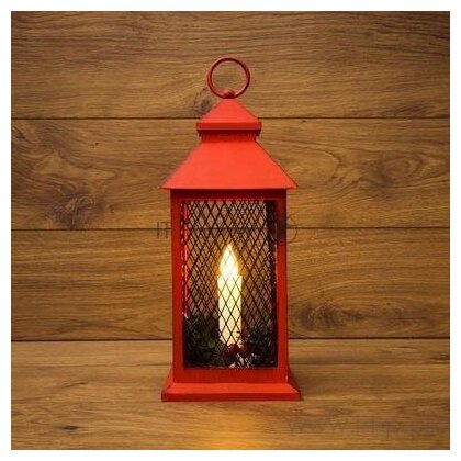 Декоративный фонарь со свечкой, красный корпус, размер 13.5х13.5х30,5 см, цвет Теплый Белый 513-041
