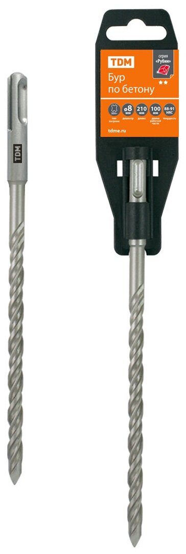 фото Бур по бетону, 8×210×100 мм, SDS-Plus, 2 резца, пластиковый держатель, 1 шт, "Рубин" TDM