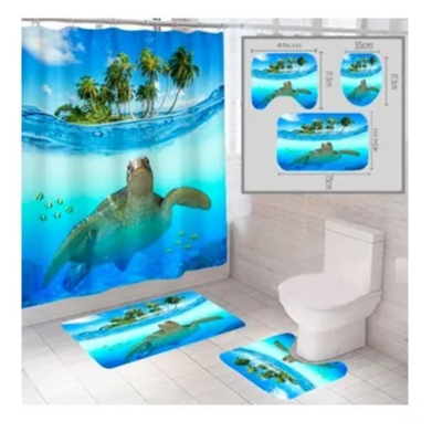 фото Штора и два коврика для ванной комнаты комплект