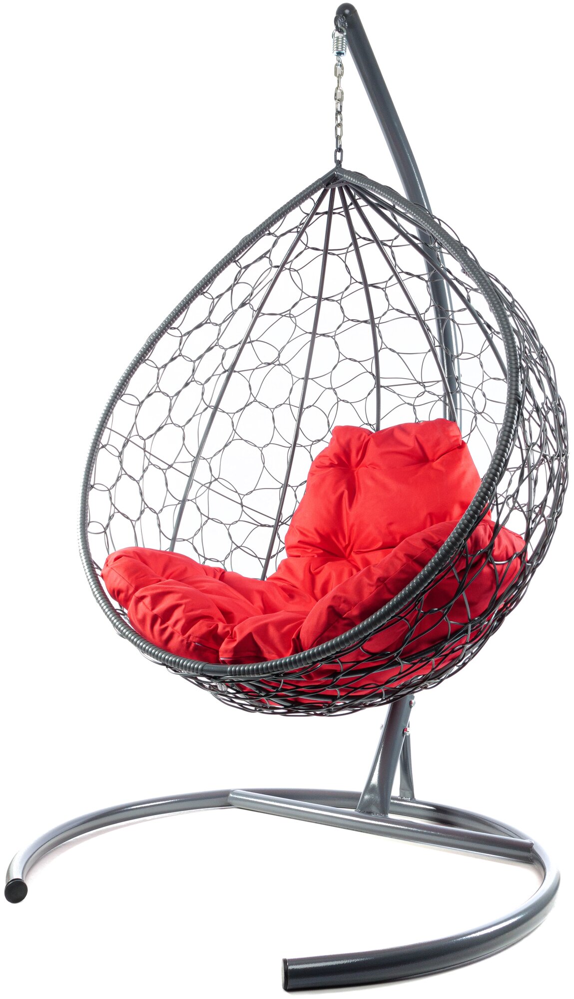 Подвесное кресло капля с ротангом серое, красная подушка