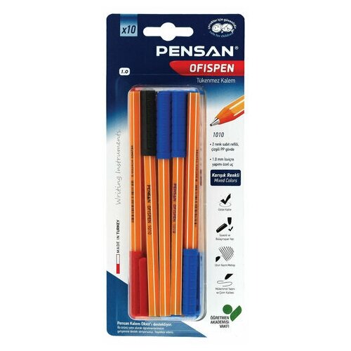 Ручки масляные PENSAN Officepen, набор 10 шт, ассорти, узел 1 мм, линия письма 0,5 мм, 1010/B10 (цена за 1 ед. товара)