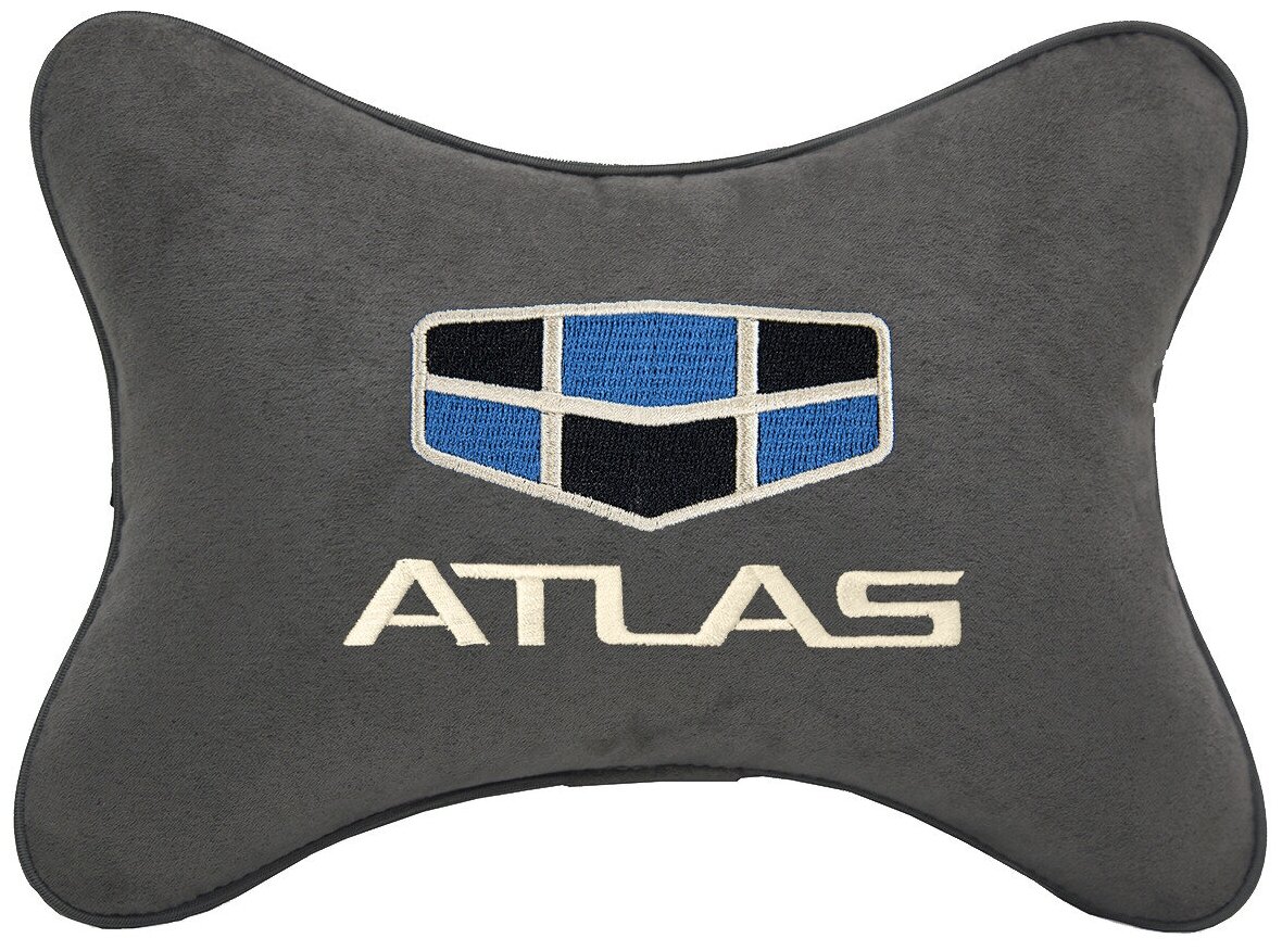 Автомобильная подушка на подголовник алькантара D.Grey с логотипом автомобиля GEELY Atlas