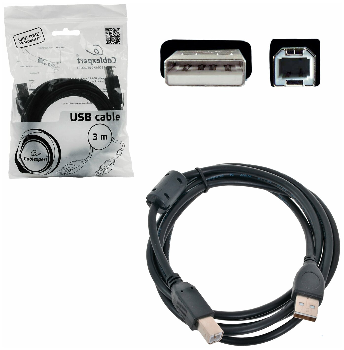 Кабель USB 2.0 AM-BM 3.0м Pro Gembird CCF-USB2-AMBM-10 феррит. кольцо черный - фото №2