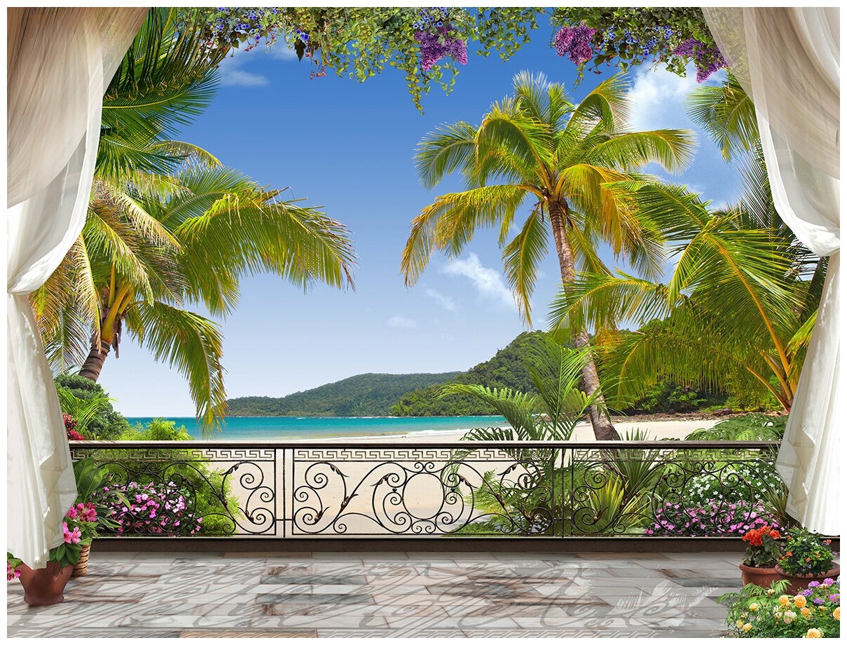 Фотообои Уютная стена "Украшенная цветами терраса с видом на пляж" 360х270 см Бесшовные Премиум (единым полотном)