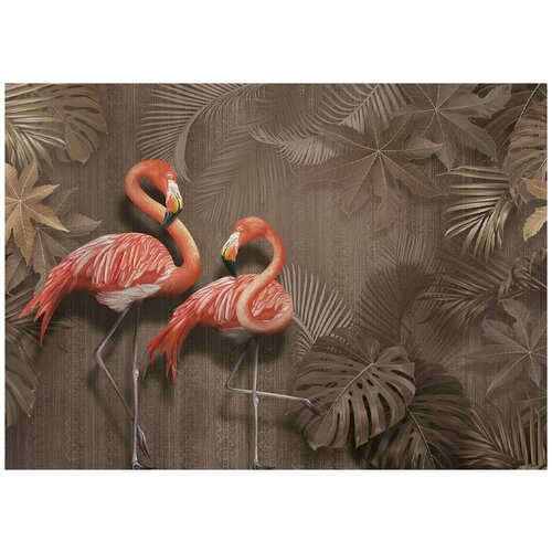 Пара фламинго на коричневом - Виниловые фотообои, (211х150 см)