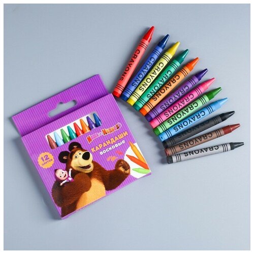 Купить Восковые карандаши Маша и медведь, набор 12 цветов, высота 1 шт - 8 см, диаметр 0.8 см, Маша и Медведь, фиолетовый, воск