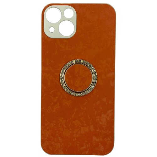 Чехол силиконовый для iPhone 13 (6.1), с подставкой кольцом на палец со стразами, оранжевый