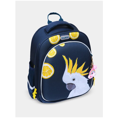 фото Ранец школьный для девочек nukki попугай синий; белый; желтый с мешком для обуви, 370х300х160 мм, 940 грамм