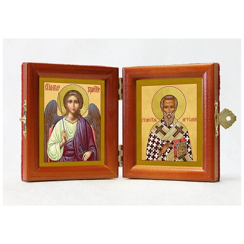 Складень именной Святитель Артемий Солунский - Ангел Хранитель, из двух икон 8*9,5 см