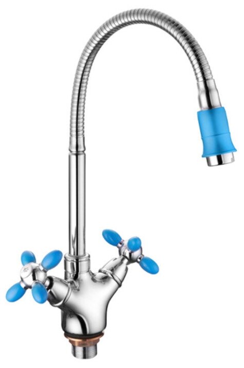 Zerix ROM-011 Смеситель для кухни с гибким изливом и цветными ручками (голубой)