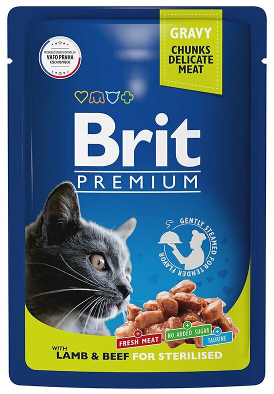 Влажный корм для стерилизованных кошек Brit Premium Sterilized, ягненок и говядина в соусе 14 шт. х 85 г