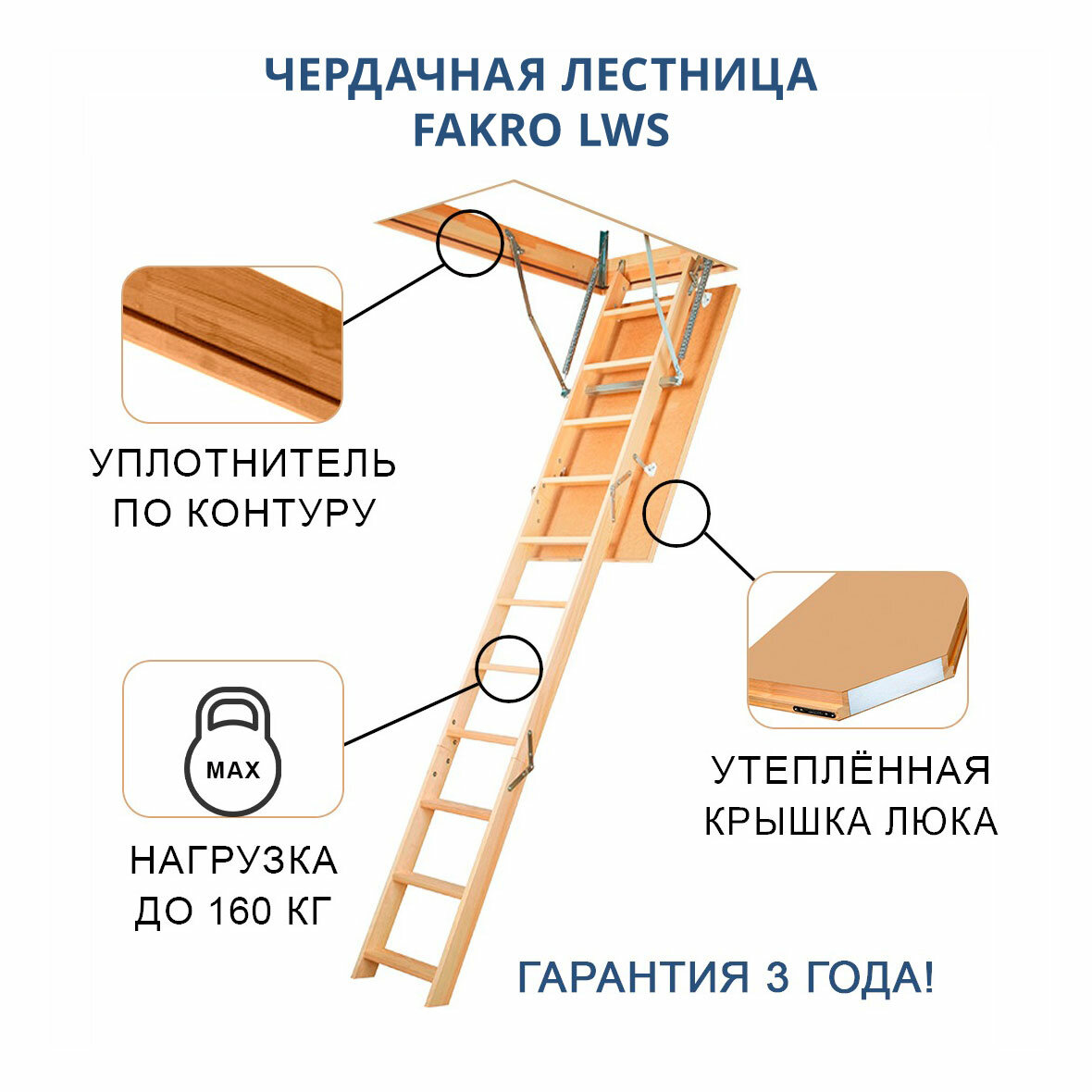 70*120*280 см Чердачная лестница с люком утеплённая FAKRO LWS складная / Люк чердачный с лестницей 70x120