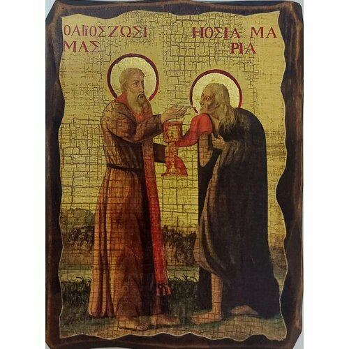 Икона Мария Египетская и Зосима Палестинский под старину (13 х 17,5 см), арт IDR-695