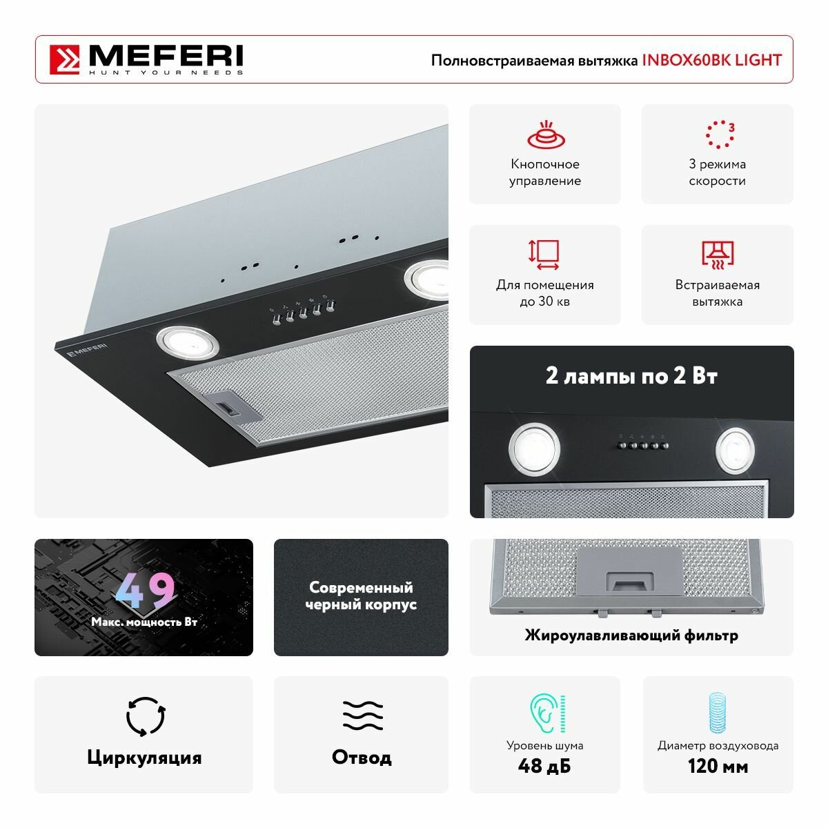 Полновстраиваемая вытяжка MEFERI INBOX60BK LIGHT, 60 см, черный - фотография № 3