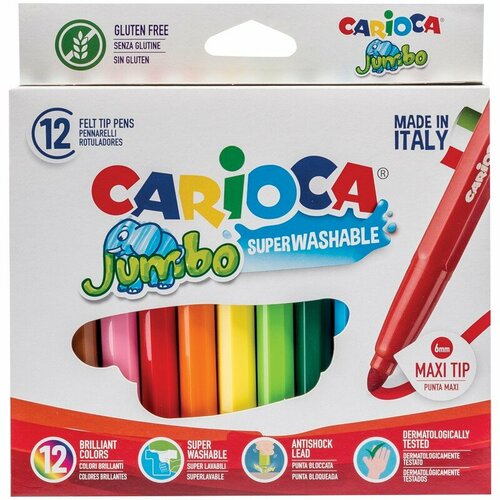 Фломастеры Carioca Jumbo, 12цв, утолщенные, смываемые, картон, европодвес комплект 6 шт фломастеры carioca jumbo 12цв утолщенные смываемые картон европодвес