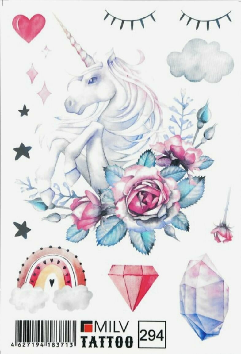 Татуировка временная единорог в цветах, рубин, бриллиант, радуга и тучка №294