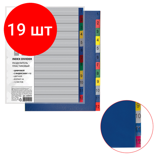 Комплект 19 шт, Разделитель пластиковый BRAUBERG, А4, 12 листов, цифровой 1-12, оглавление, цветной, 225610