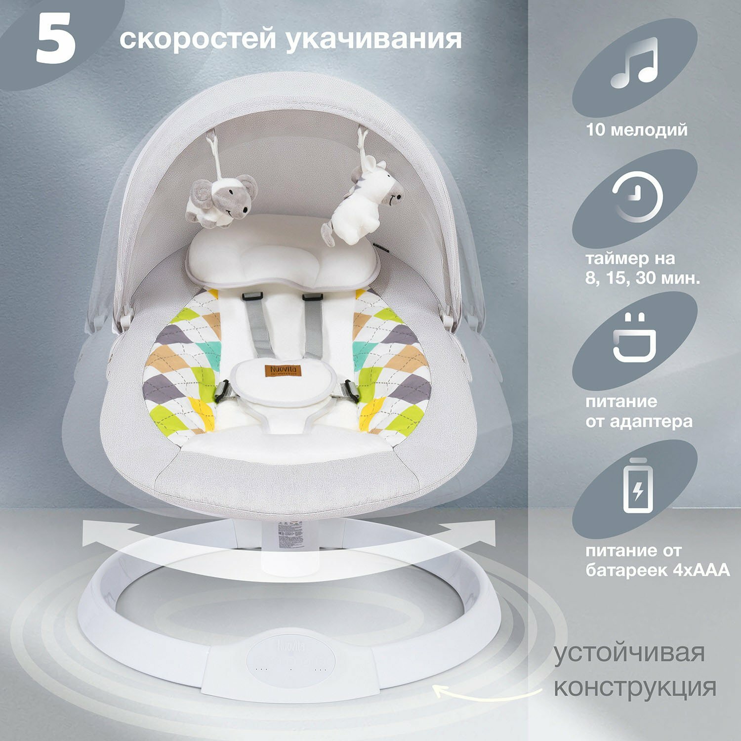 Шезлонг Nuovita Attento А1 с электронной функцией качения (цвета в ассорт.) Polini Kids - фото №2