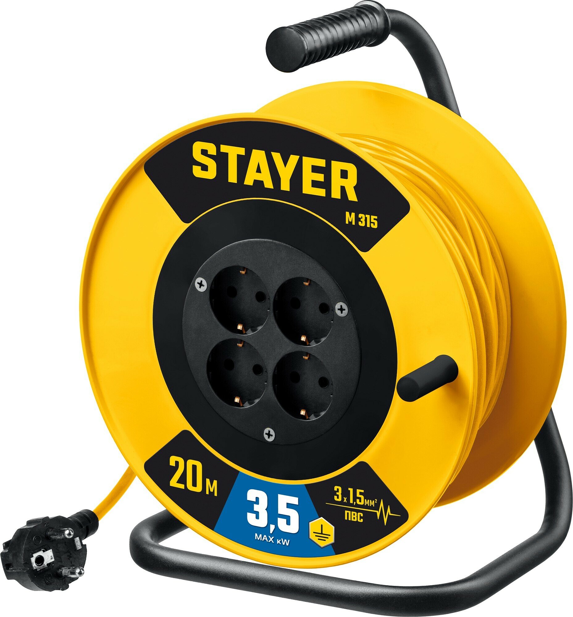 фото STAYER M-315, ПВС, 3 x 1.5 мм2, 20 м, 3500 Вт, силовой удлинитель на катушке (55078-20)