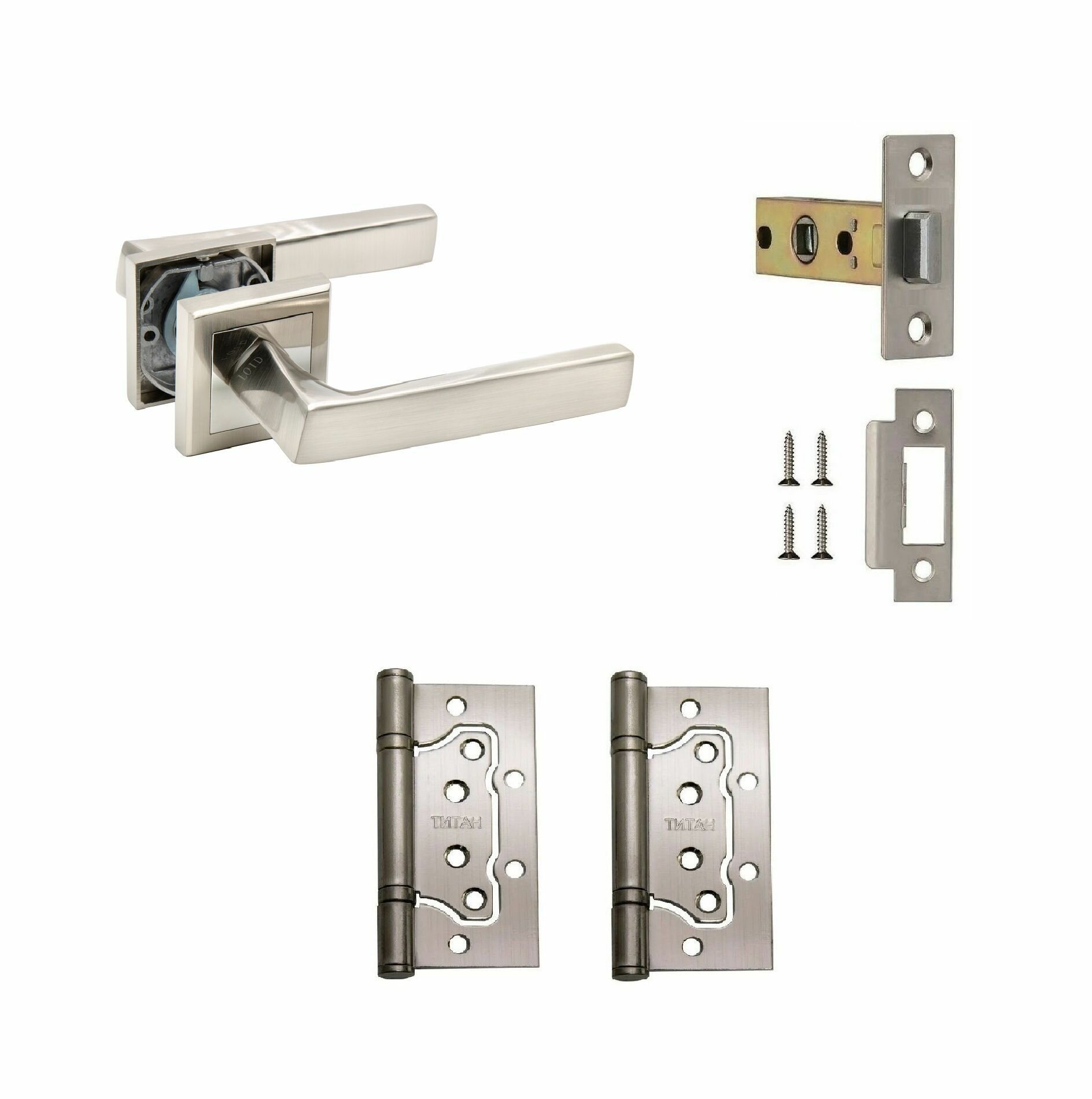 фото Ручки дверные (2 шт) межкомнатные Loid 412 SN + защелка 8-45 SN + петли без вреза SN матовый хром