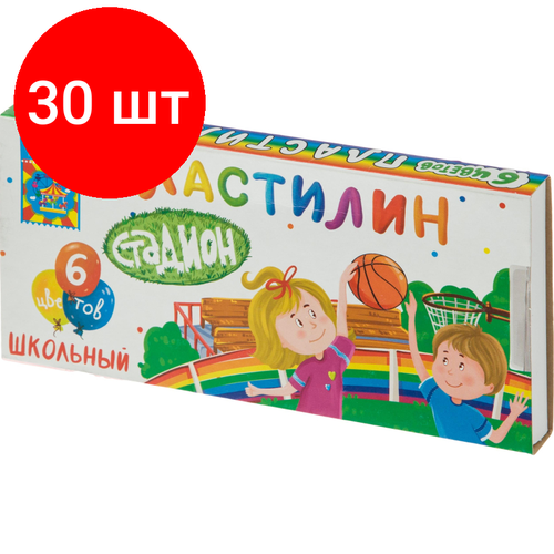 Комплект 30 наб, Пластилин школьный Стадион набор 6 цв, 90г, со стеком, ПЛ-Ш6-90