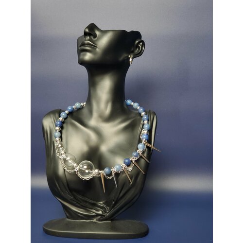 Колье чокер из кварца и выдувных шаров ручной работы, пластик, стекло, длина 40 см, синий, голубой