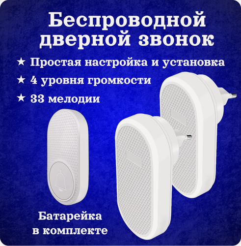 Изображение товара Звонок беспроводной дверной 2 приемника 1 кнопка вызова для дома, дачи, квартиры, калитки. Звонок беспроводной дверной уличный. Влаго-пылезащищенная кнопка вызова IP 55. Радиус действия до 100 м. Громкость 100 дБ. 4 уровня громкости. 33 мелодий