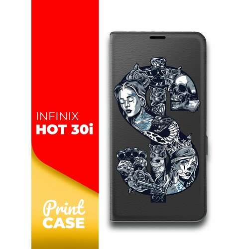 Чехол на Infinix HOT 30i (Инфиникс Хот 30и) черный книжка эко-кожа подставка отделением для карт и магнитами Book case, Miuko (принт) Доллар тату чехол на infinix hot 30i инфиникс хот 30и черный книжка эко кожа подставка отделением для карт и магнитами book case miuko принт мишка скейт