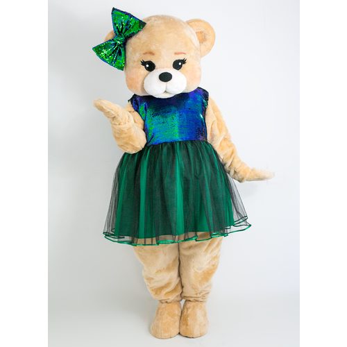 фото Ростовая кукла медвежонок топтыжка бежевая в платье малахит , ростовой костюм для аниматора, маскарадный костюм для поздравления для взрослых mascot costume