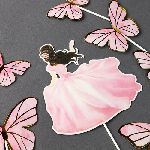 Набор для украшения Девушка с бабочками, набор 7 шт, цвет розовый